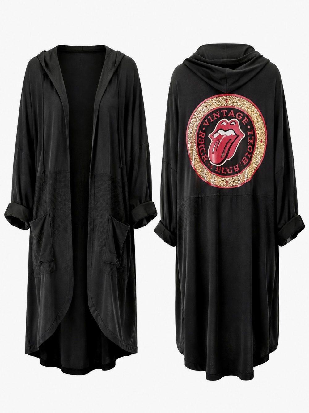 Marisima Italy Black Vintage Rock N Roll Hooded Duster Cardigan NWT OS - Picture 2 of 11